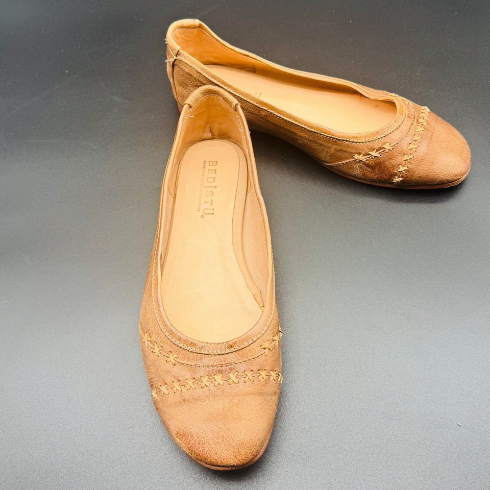 Bed Stu Ballet Flats Womens 8 Tan Leather Hand Stitched Distressed Round Toe